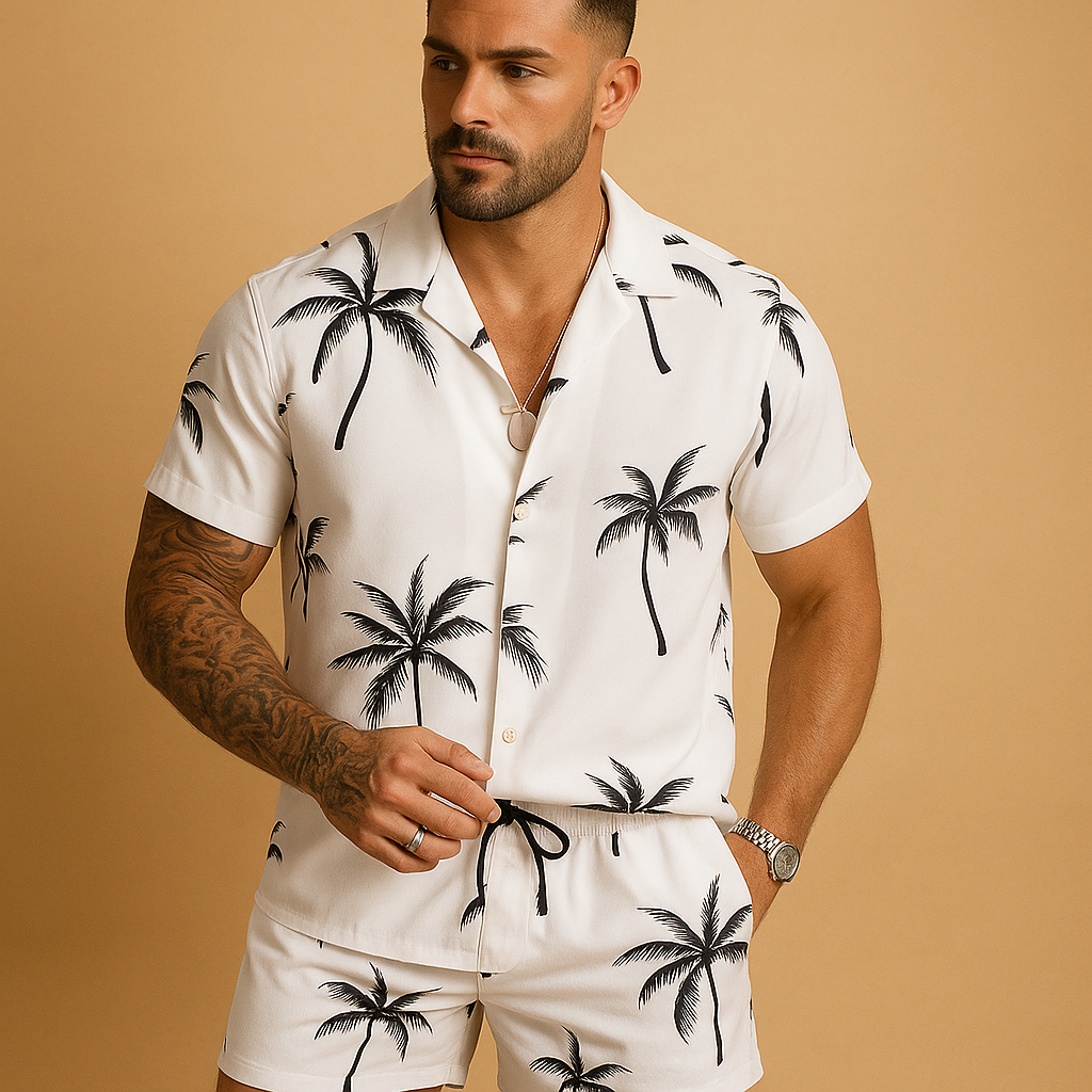 Lightweight men’s summer set with tropical palm tree and feather print, loose fit for holidays, beach days, and city strolls.