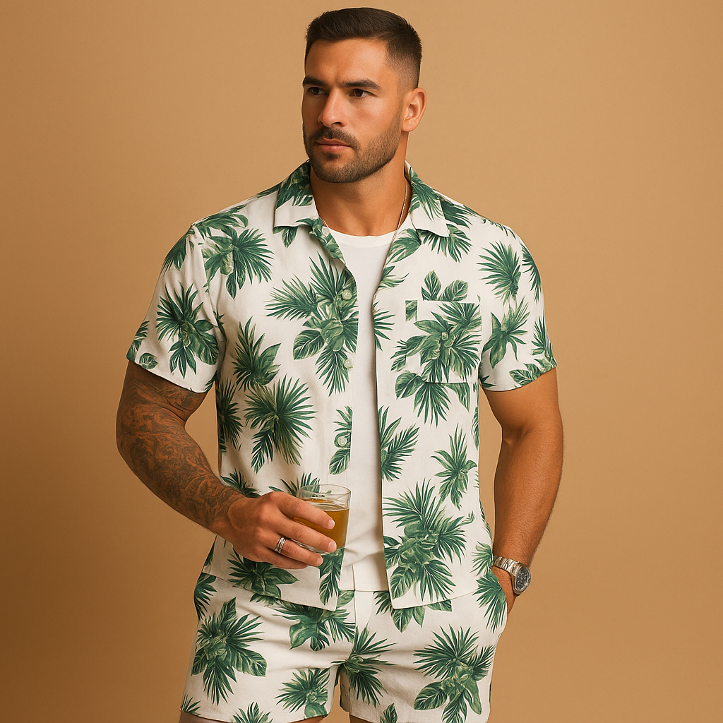 Lightweight men’s summer set with tropical palm tree and feather print, loose fit for holidays, beach days, and city strolls.