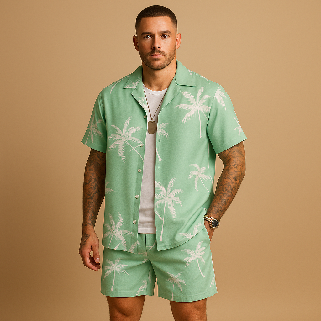 Lightweight men’s summer set with tropical palm tree and feather print, loose fit for holidays, beach days, and city strolls.