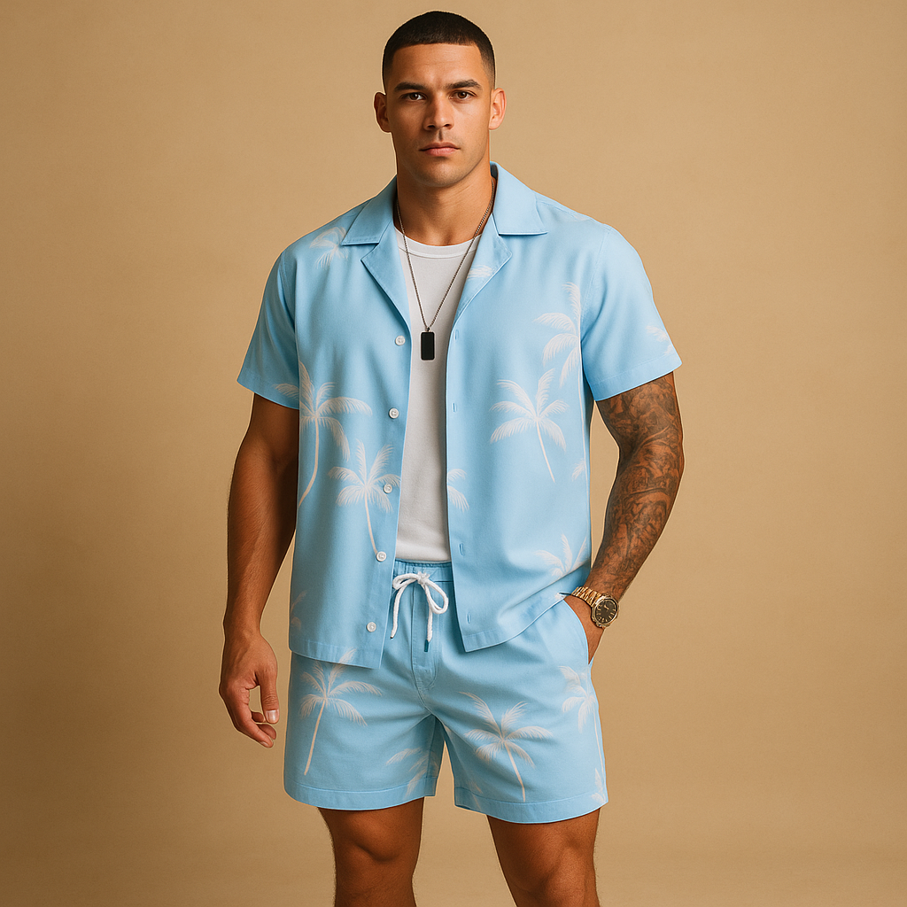Lightweight men’s summer set with tropical palm tree and feather print, loose fit for holidays, beach days, and city strolls.
