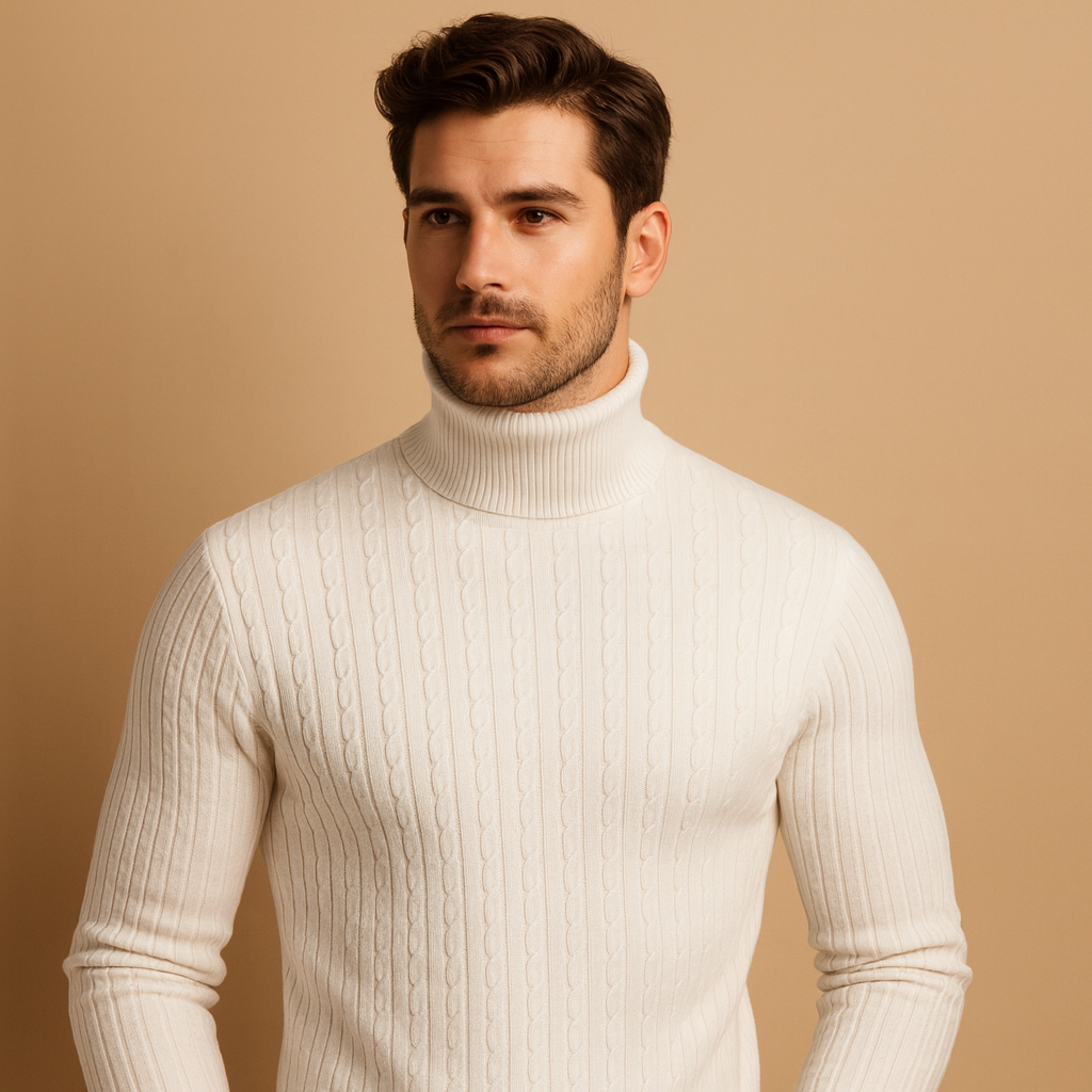 Men’s turtleneck knitted jumper with soft fabric and classic fit, perfect for autumn and winter comfort and style.