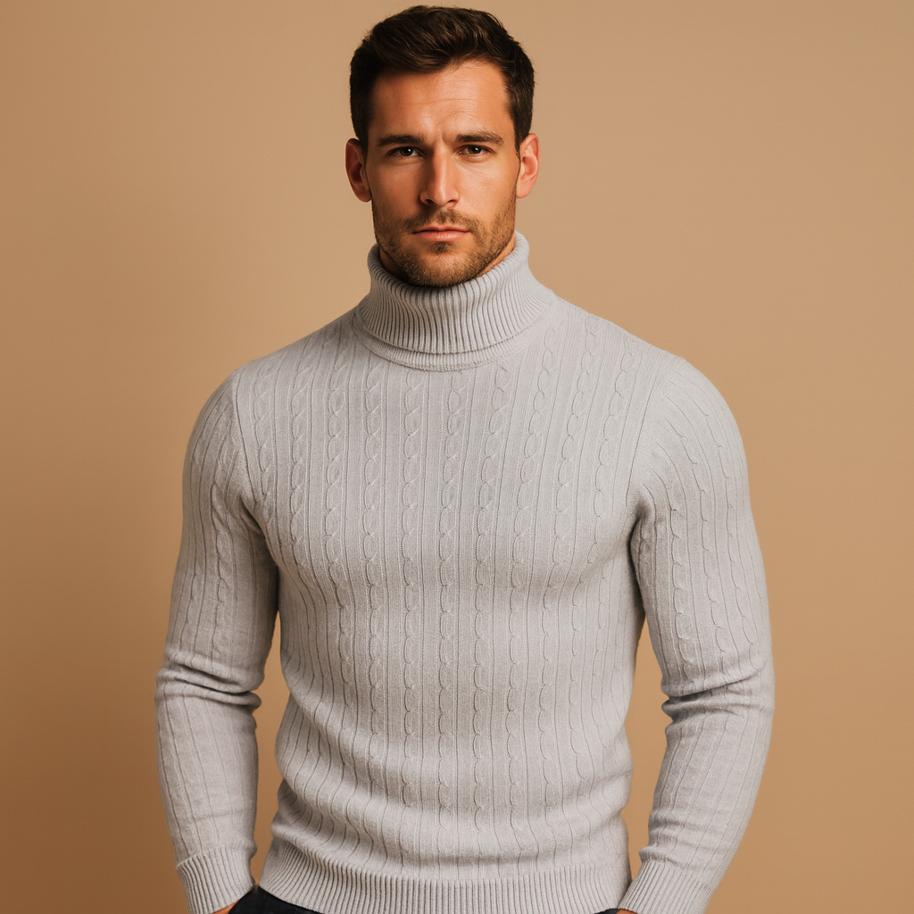 Men’s turtleneck knitted jumper with soft fabric and classic fit, perfect for autumn and winter comfort and style.