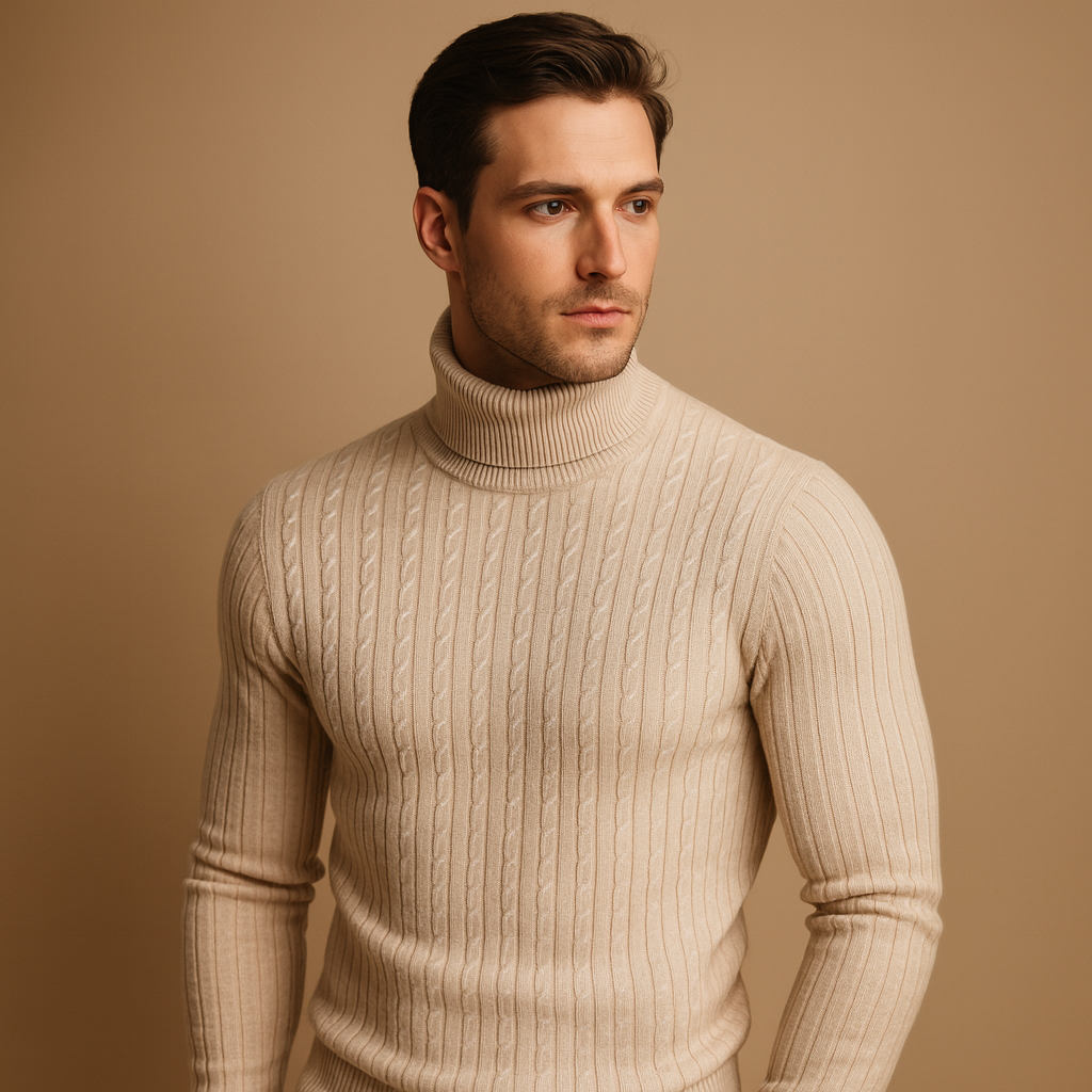 Men’s turtleneck knitted jumper with soft fabric and classic fit, perfect for autumn and winter comfort and style.