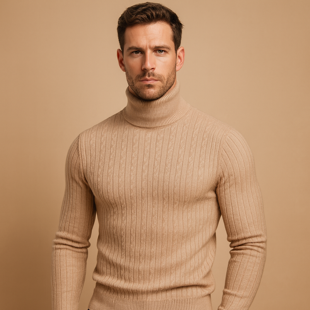 Men’s turtleneck knitted jumper with soft fabric and classic fit, perfect for autumn and winter comfort and style.