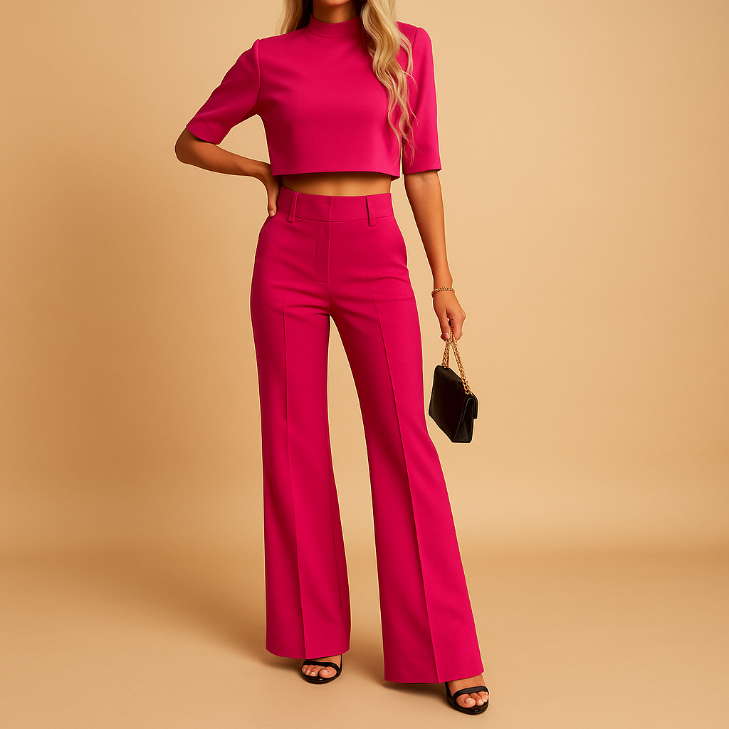 Women’s two piece autumn set with cropped top and tailored trousers, elastic waistband, and warm fabric. Perfect for work, leisure, or casual outings.