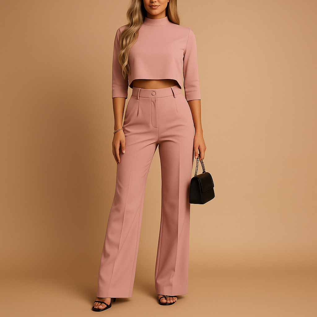 Women’s two piece autumn set with cropped top and tailored trousers, elastic waistband, and warm fabric. Perfect for work, leisure, or casual outings.