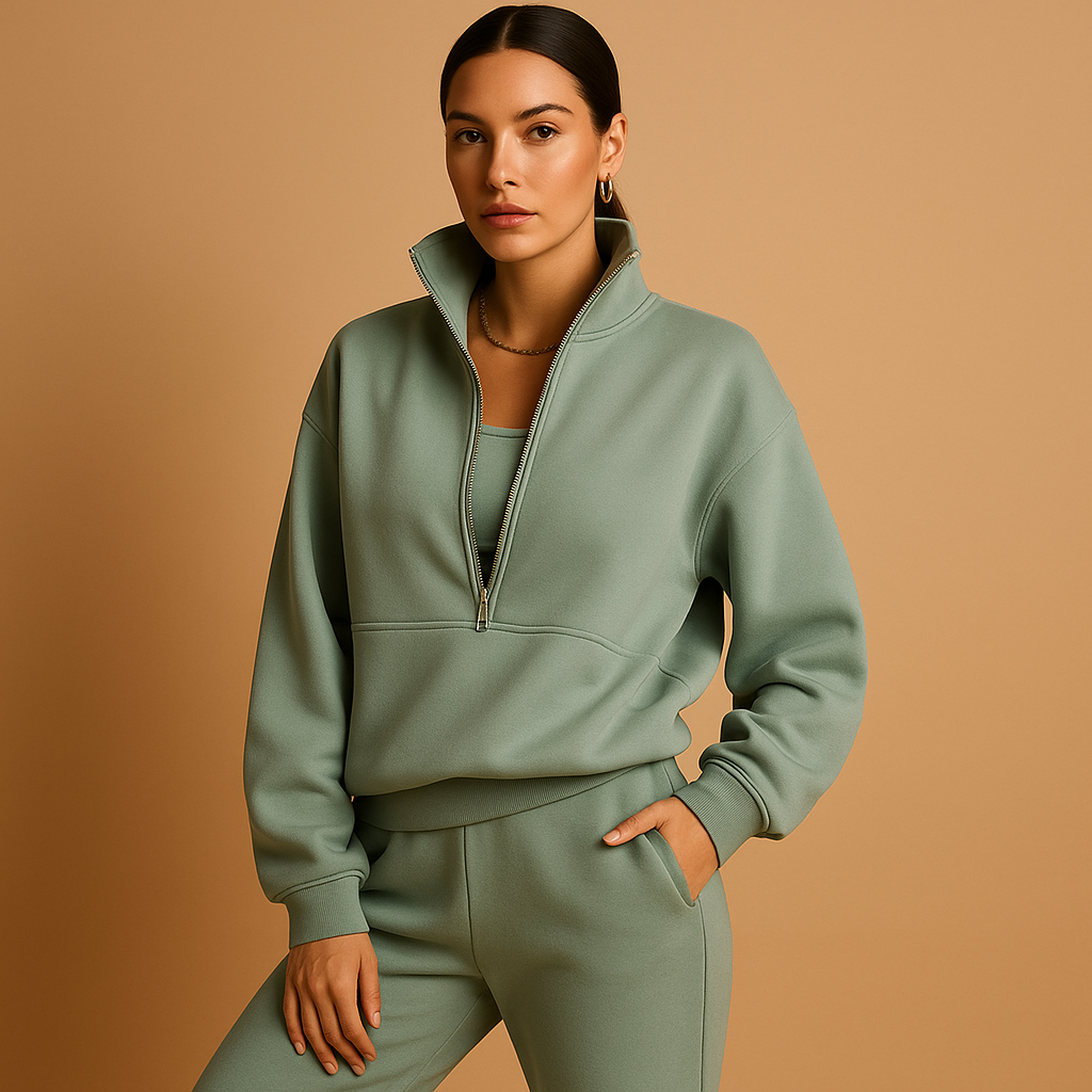 Women’s two-piece jogging set with half-zip hoodie and joggers, perfect for casual days, lounging, or sporty streetwear looks.