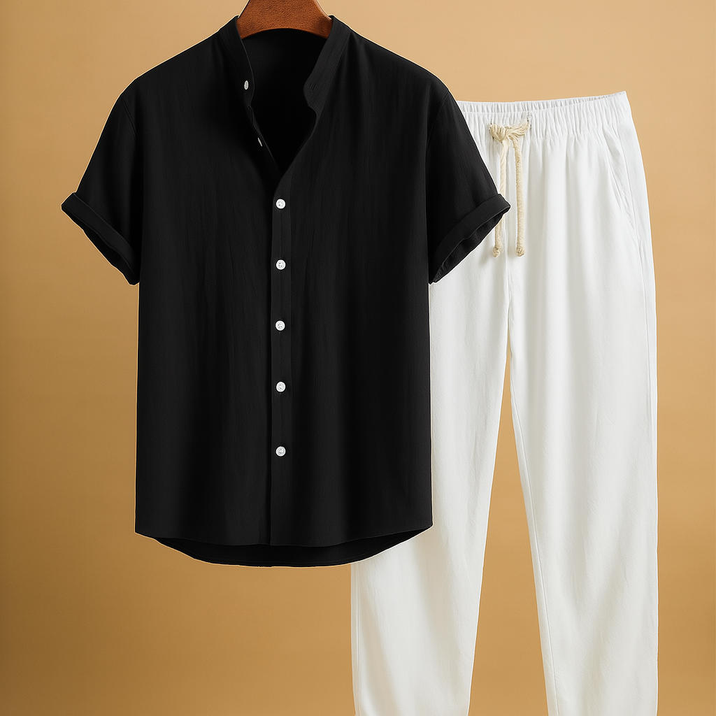Lightweight two piece men’s summer outfit with timeless design, breathable fabric, and multiple colour options. Perfect for holidays and semi-formal wear.
