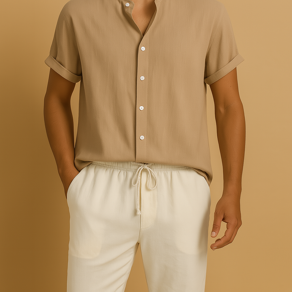Lightweight two piece men’s summer outfit with timeless design, breathable fabric, and multiple colour options. Perfect for holidays and semi-formal wear.