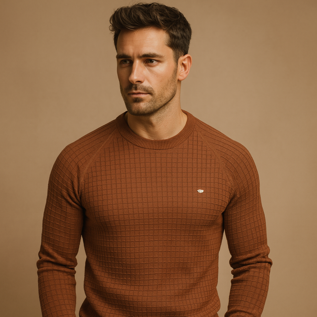 Men’s warm crew neck knitted jumper with soft fabric and relaxed fit, perfect for casual autumn and winter outfits.