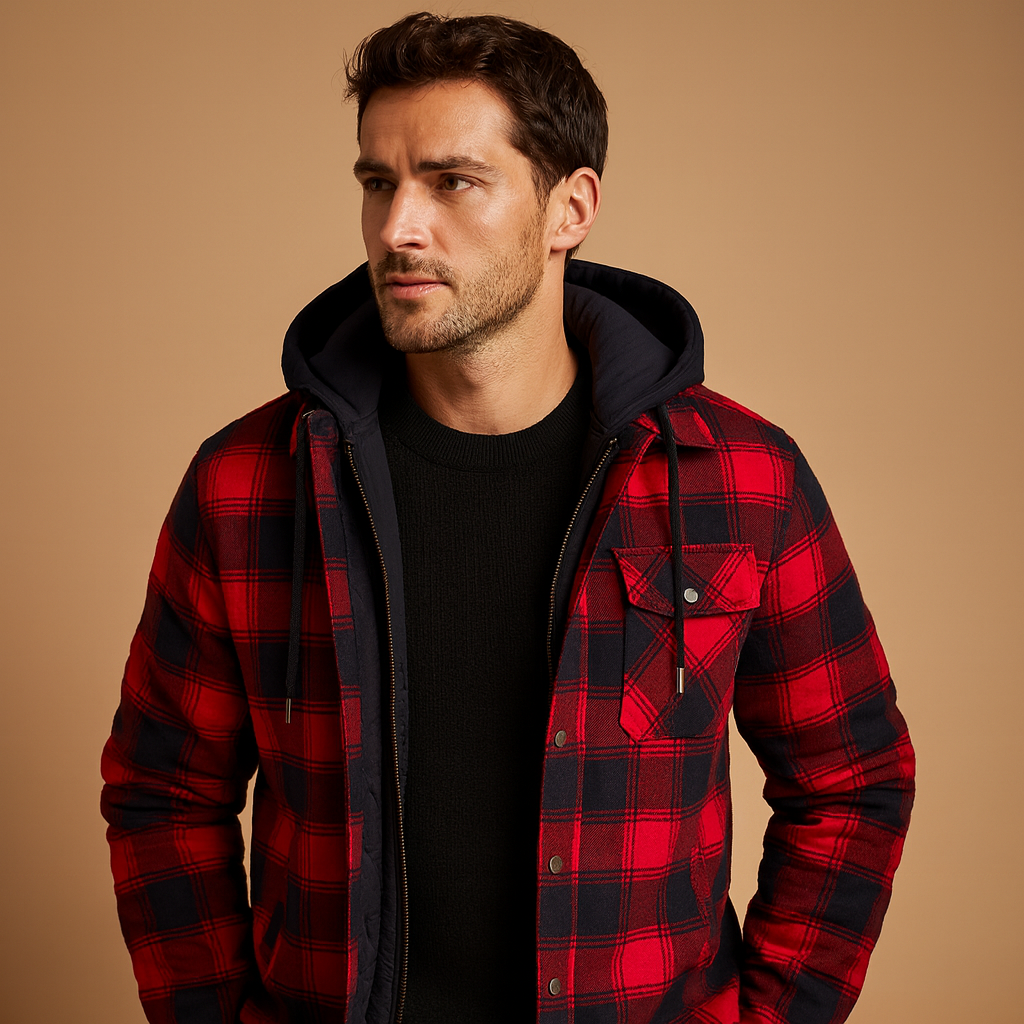 Men’s warm hooded bomber jacket with soft lining, classic design, and wind protection, perfect for cold winter days and casual wear.