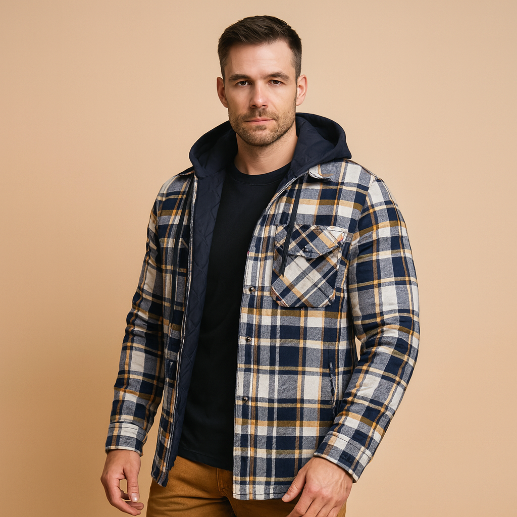 Men’s warm hooded bomber jacket with soft lining, classic design, and wind protection, perfect for cold winter days and casual wear.