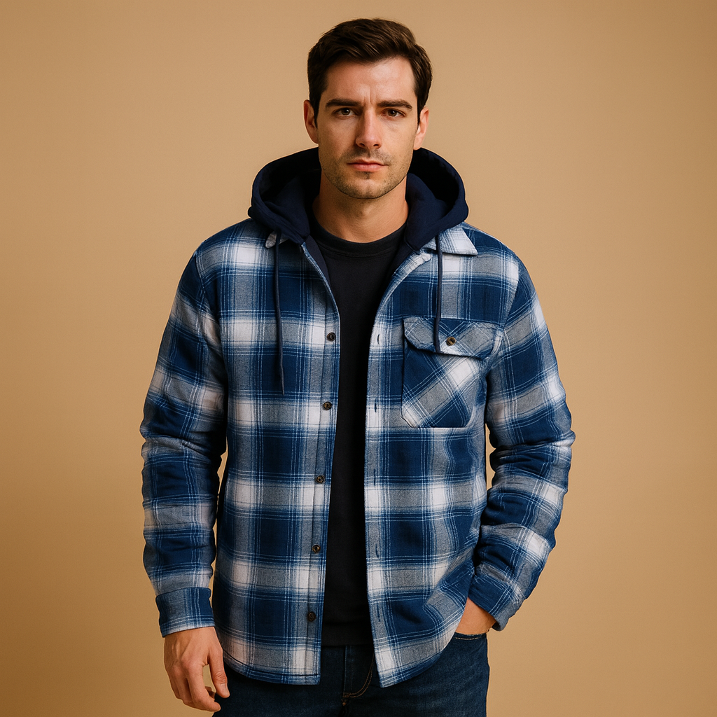 Men’s warm hooded bomber jacket with soft lining, classic design, and wind protection, perfect for cold winter days and casual wear.