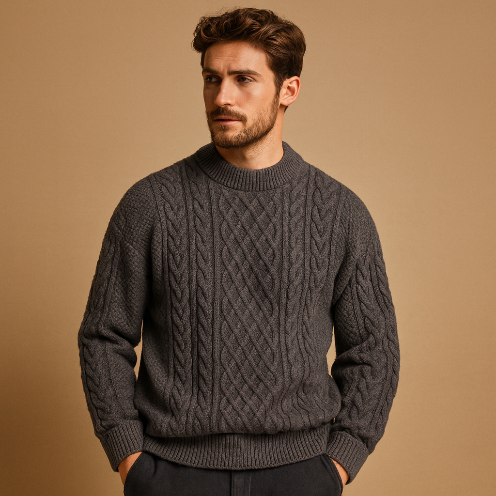 Men’s warm knitted jumper with relaxed fit and crew neck, perfect for autumn and winter casual outfits.