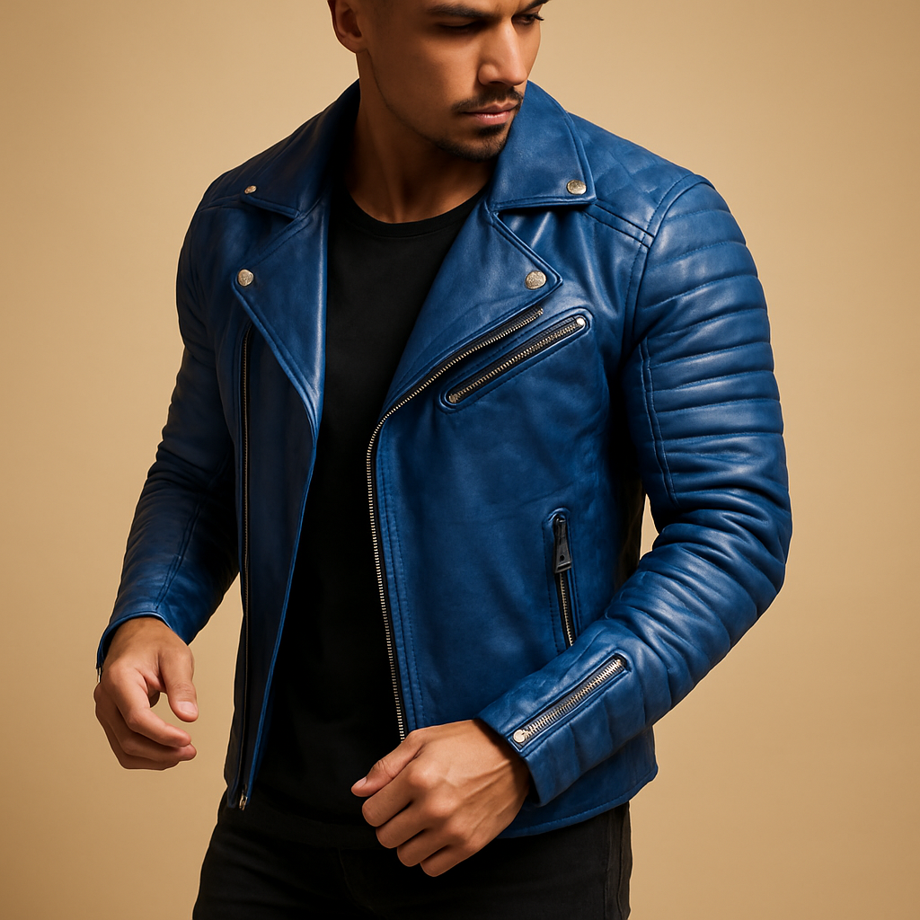 Men’s waterproof biker jacket with wind-resistant fabric and soft lining, stylish modern design, perfect for autumn, winter, and rainy days.