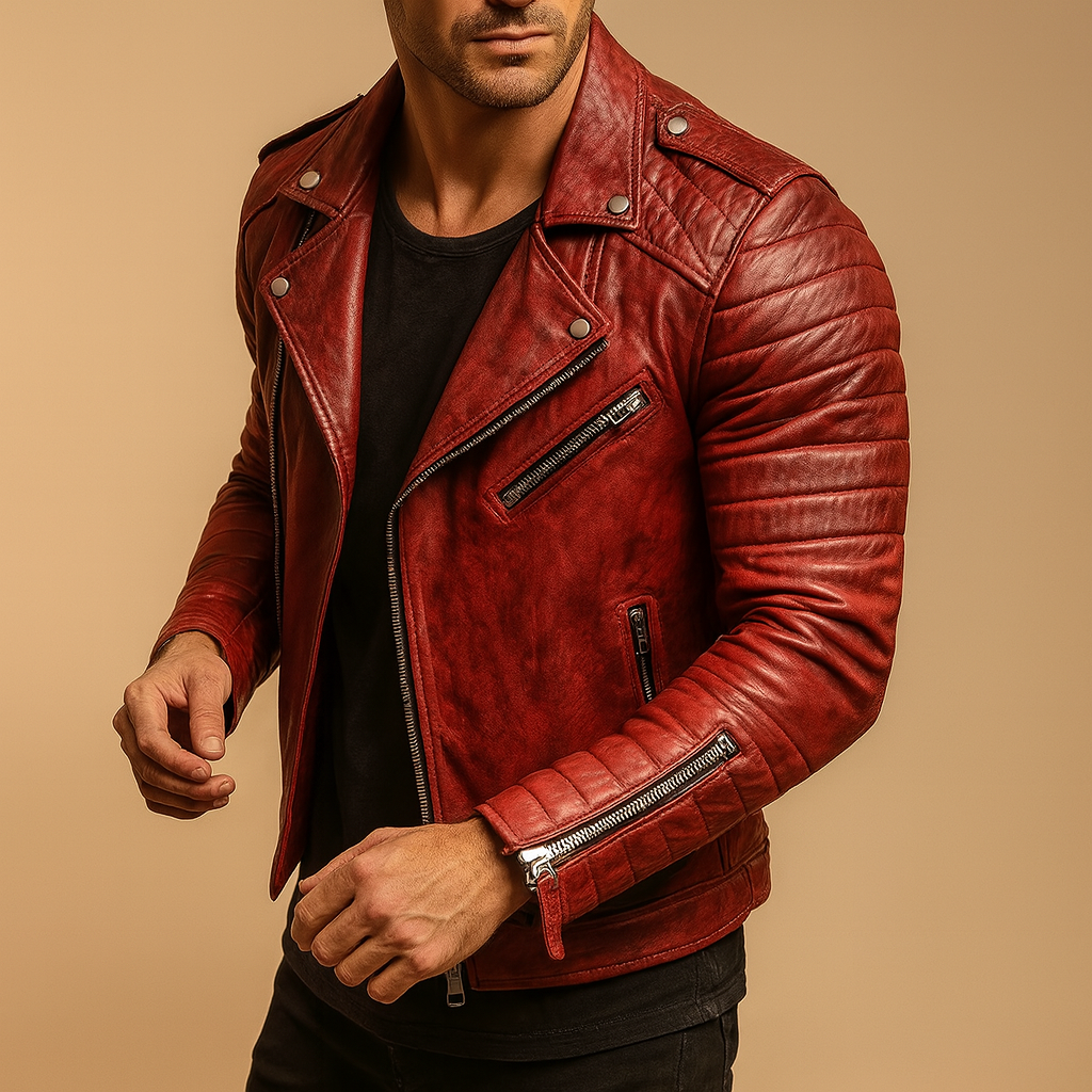 Men’s waterproof biker jacket with wind-resistant fabric and soft lining, stylish modern design, perfect for autumn, winter, and rainy days.