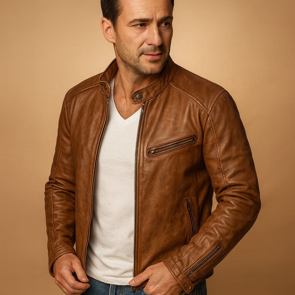 Men’s waterproof biker jacket with zip closure, tailored fit, and modern design. Perfect for city wear, autumn, winter, and rainy days.
