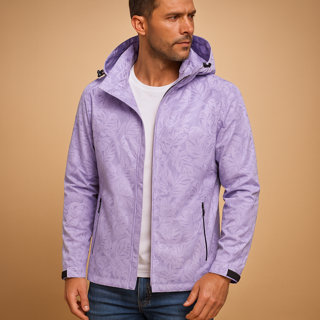 Men’s waterproof jacket with hood, breathable fabric, and zip pockets, featuring a subtle leaf pattern for outdoor and daily wear.