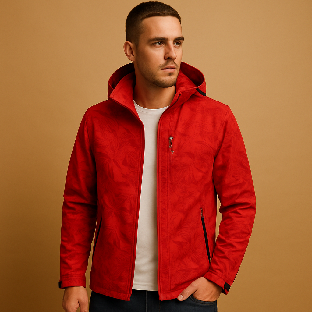 Men’s waterproof jacket with hood, breathable fabric, and zip pockets, featuring a subtle leaf pattern for outdoor and daily wear.