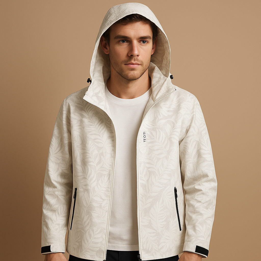 Men’s waterproof jacket with hood, breathable fabric, and zip pockets, featuring a subtle leaf pattern for outdoor and daily wear.
