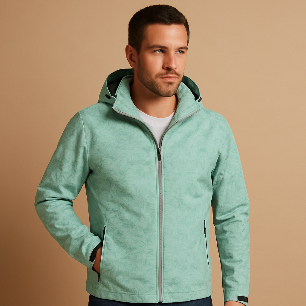 Men’s waterproof jacket with hood, breathable fabric, and zip pockets, featuring a subtle leaf pattern for outdoor and daily wear.