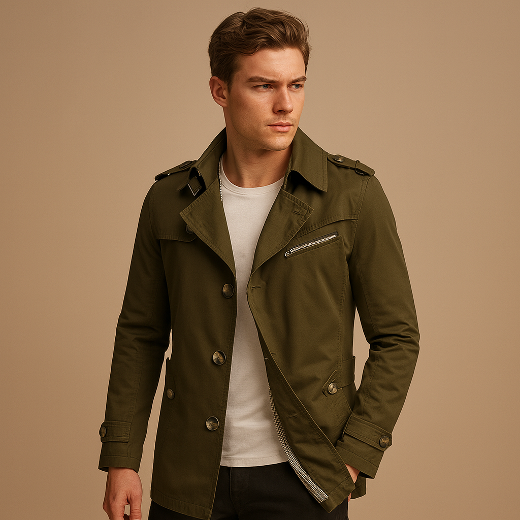 Men’s waterproof trench coat with classic double-breasted design, wind- and rain-resistant, perfect for work, formal occasions, or casual wear.
