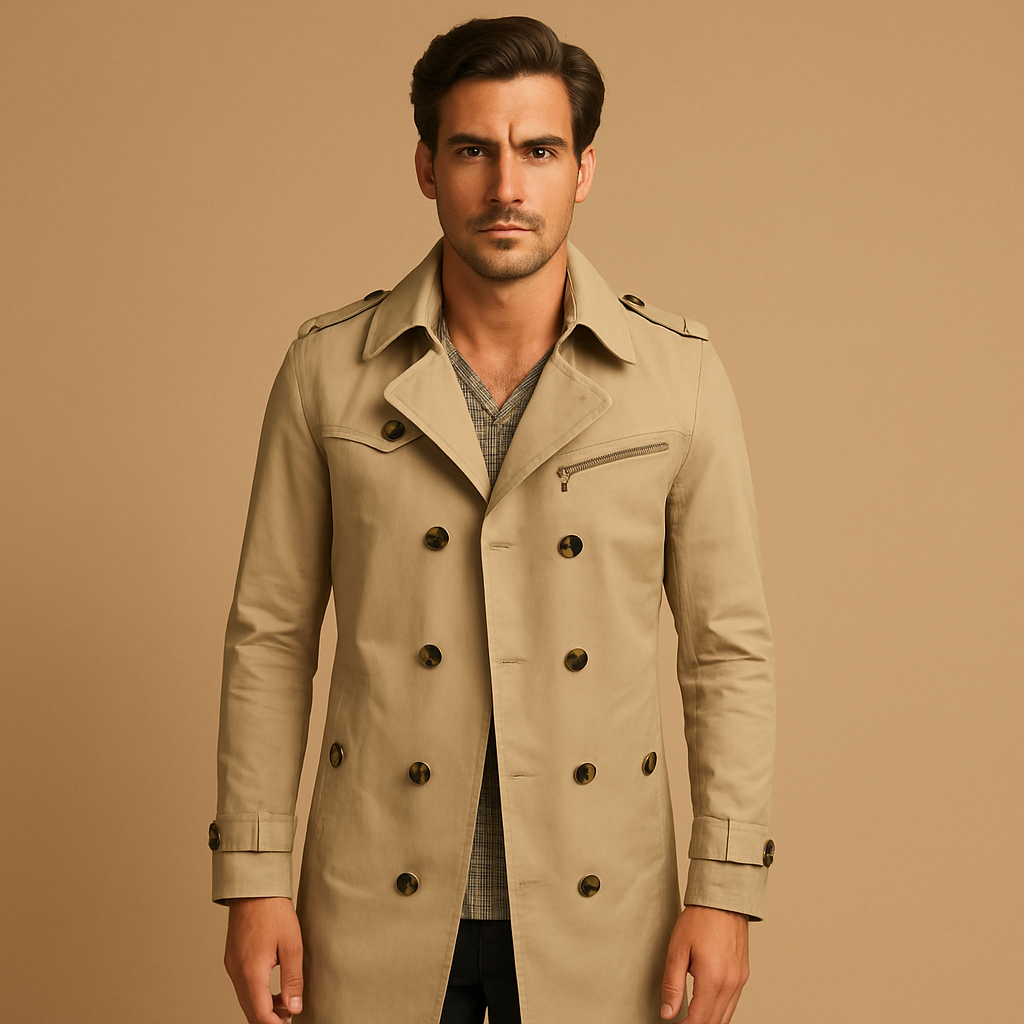 Men’s waterproof trench coat with classic double-breasted design, wind- and rain-resistant, perfect for work, formal occasions, or casual wear.