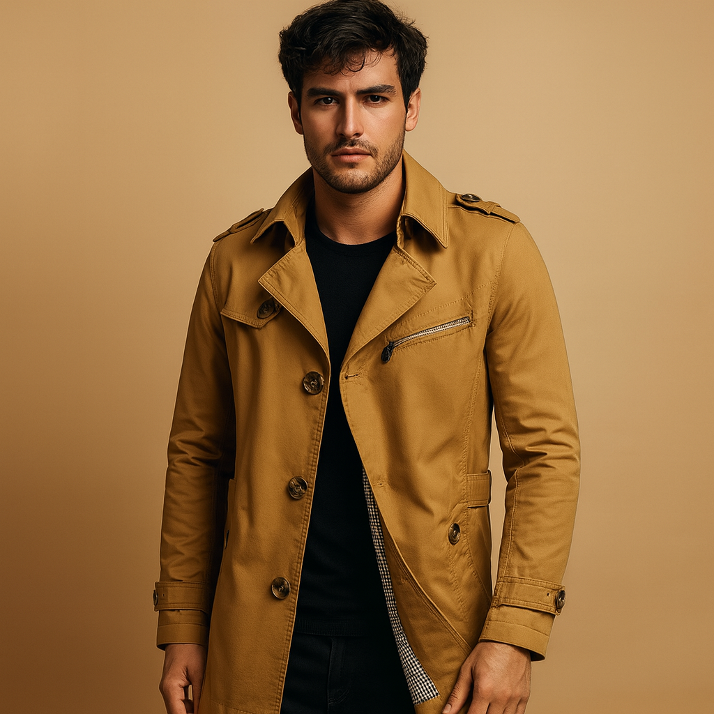 Men’s waterproof trench coat with classic double-breasted design, wind- and rain-resistant, perfect for work, formal occasions, or casual wear.