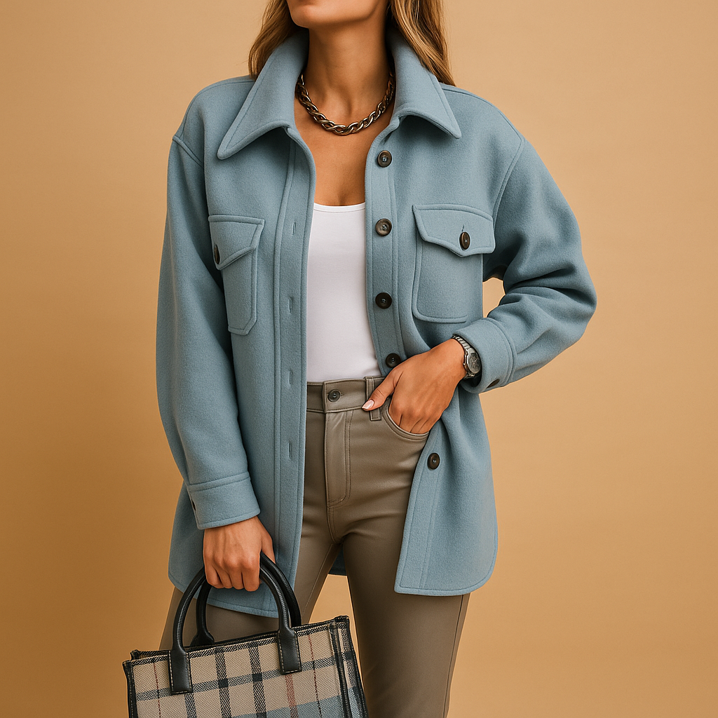 Women’s waterproof windproof jacket with button closure, folded collar, and pockets. Available in White, Beige, Brown, Khaki, Black, Dark Blue, Blue, and Yellow.