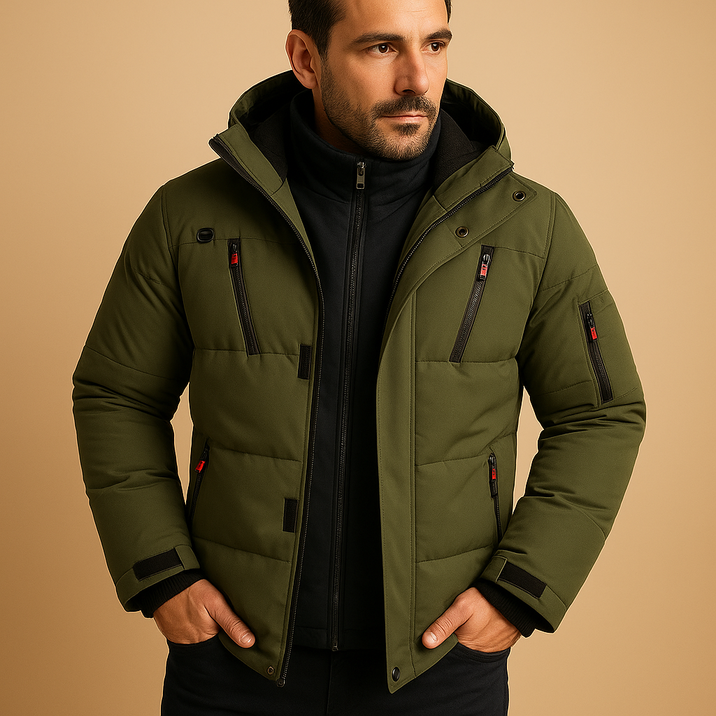 Men’s waterproof winter jacket with insulating lining, adjustable hood, and modern fit. Available in blue, grey, black, orange, and green.