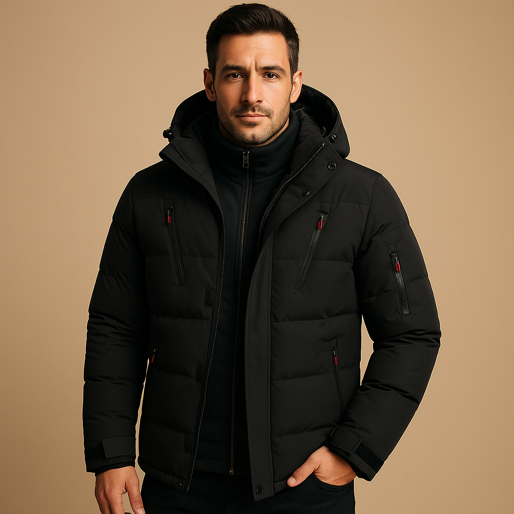 Men’s waterproof winter jacket with insulating lining, adjustable hood, and modern fit. Available in blue, grey, black, orange, and green.