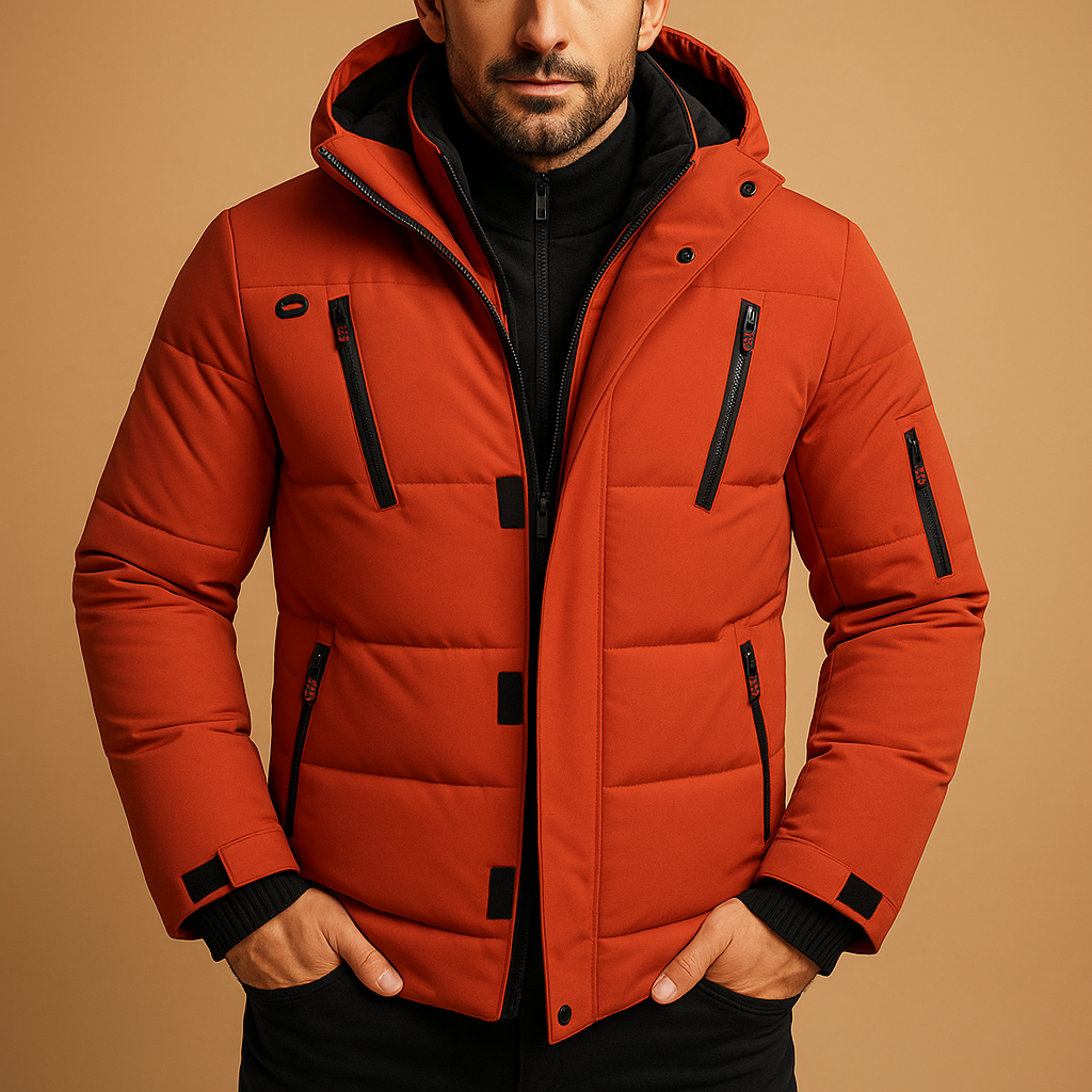 Men’s waterproof winter jacket with insulating lining, adjustable hood, and modern fit. Available in blue, grey, black, orange, and green.