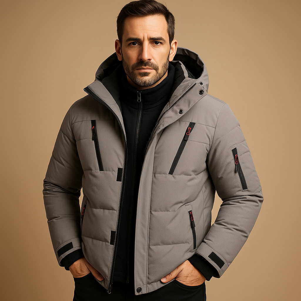 Men’s waterproof winter jacket with insulating lining, adjustable hood, and modern fit. Available in blue, grey, black, orange, and green.