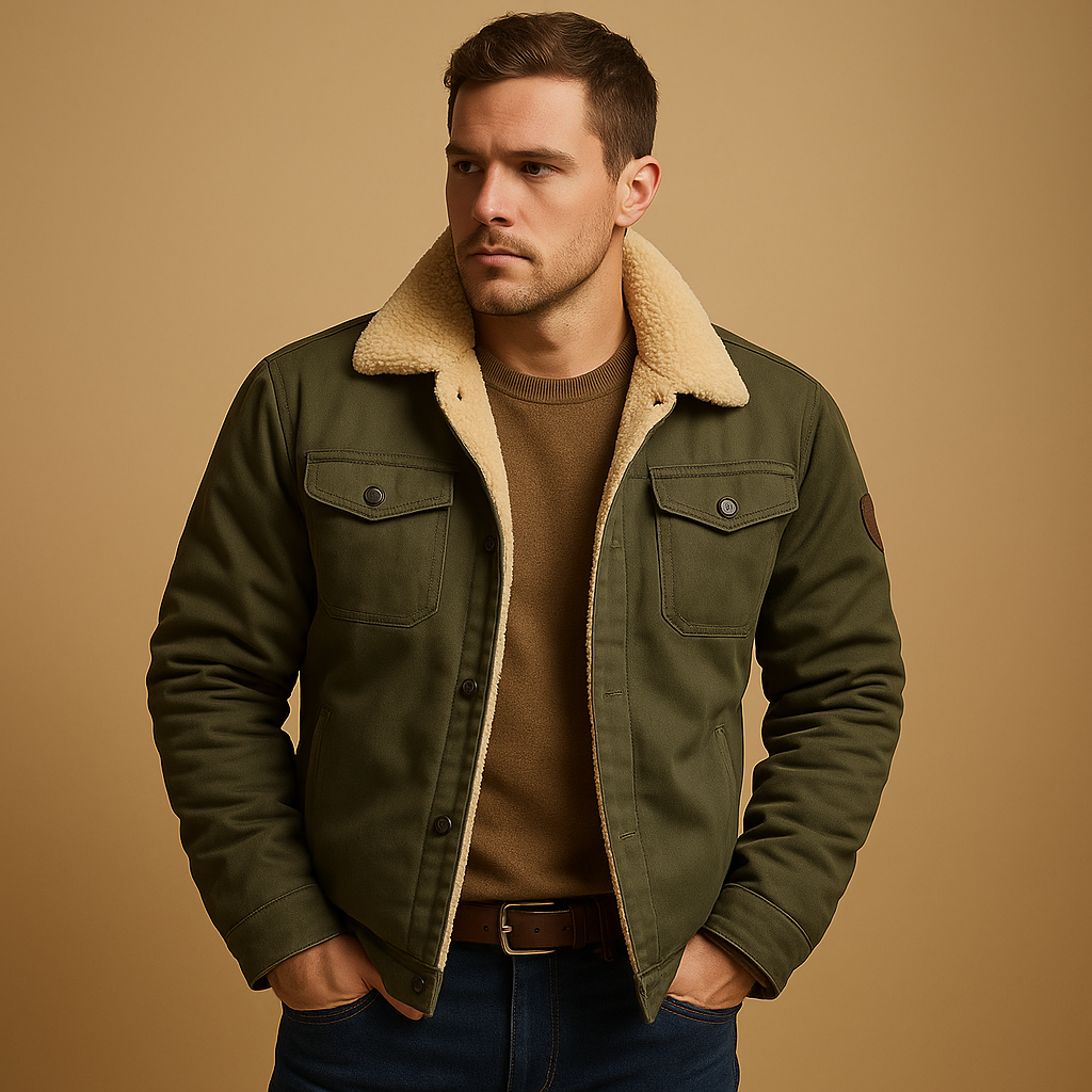 Men’s winter bomber jacket with ribbed hems and insulated lining, ideal for casual looks and cold-weather outings.