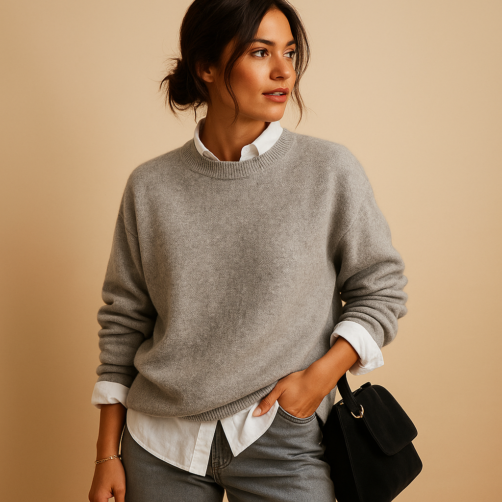 Elegant wool blend sweater for women with refined knit, available in Black, Beige, and Taupe, perfect for casual and office wear.