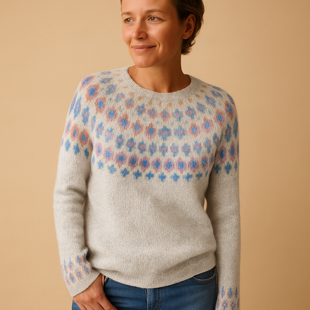 Wool blend sweater for women with trendy print, classic fit, and soft fabric, available in Green, Blue, Grey, Pink, and White.