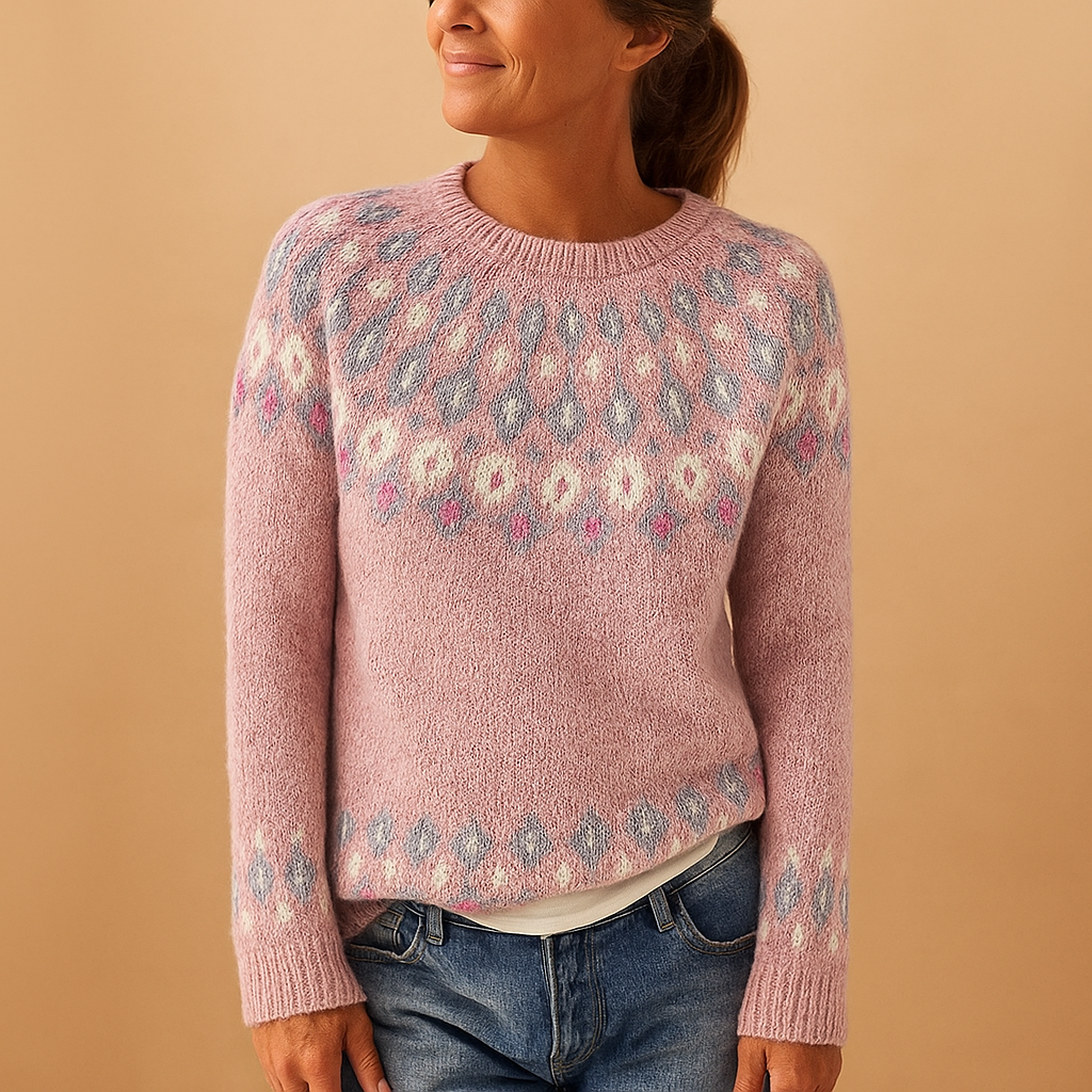 Wool blend sweater for women with trendy print, classic fit, and soft fabric, available in Green, Blue, Grey, Pink, and White.