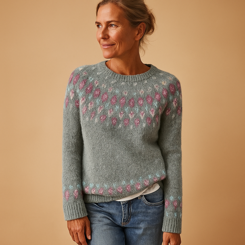 Wool blend sweater for women with trendy print, classic fit, and soft fabric, available in Green, Blue, Grey, Pink, and White.