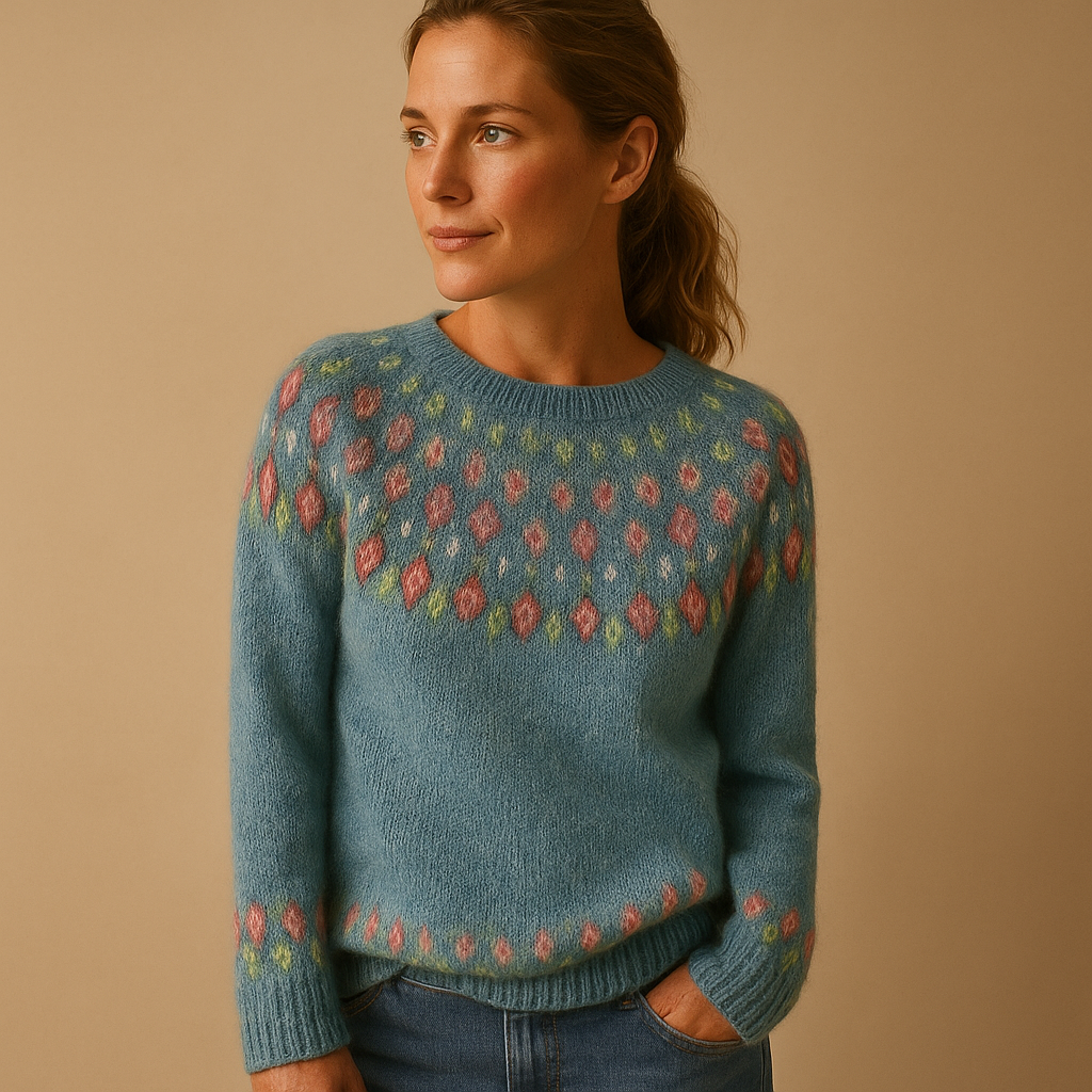Wool blend sweater for women with trendy print, classic fit, and soft fabric, available in Green, Blue, Grey, Pink, and White.