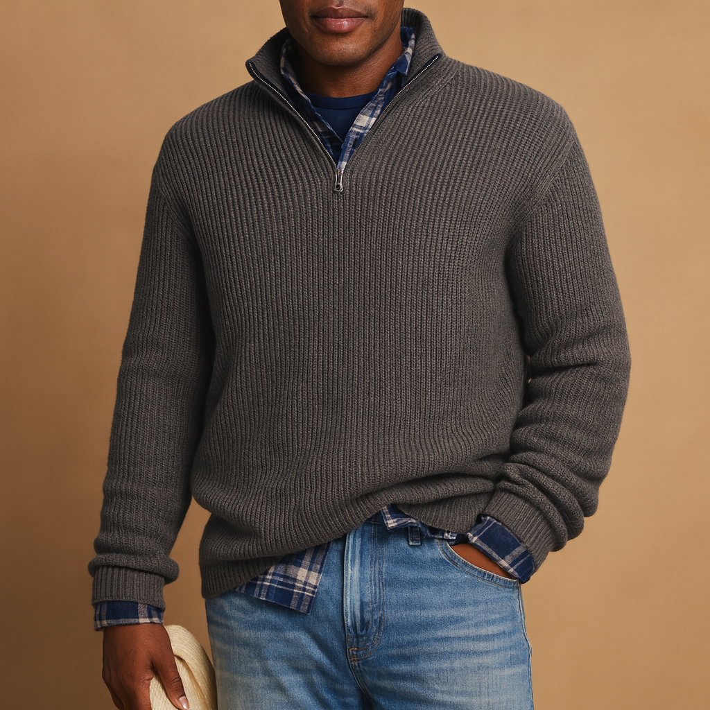 Wool winter sweater for men in navy blue, warm and timeless design ideal for casual or formal wear during the cold season.