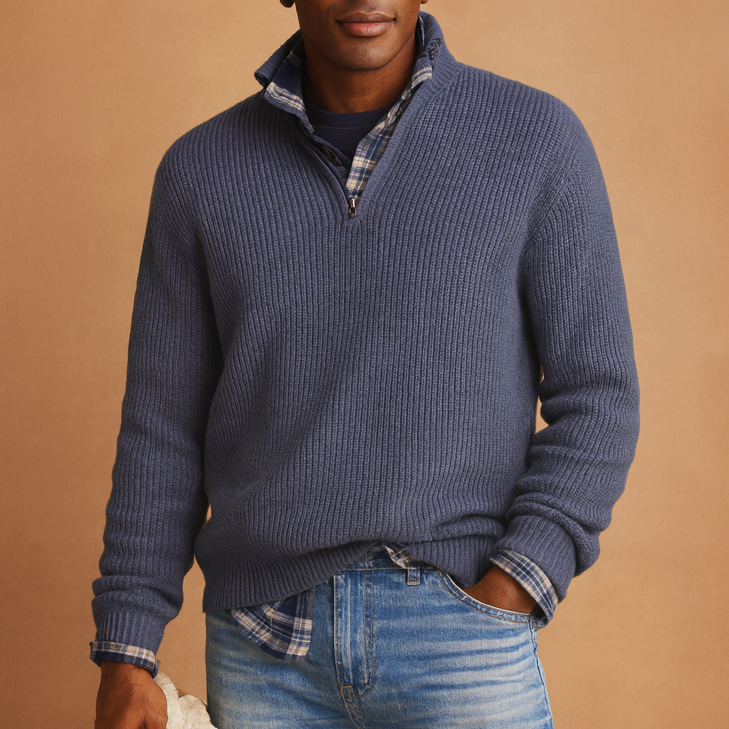Wool winter sweater for men in navy blue, warm and timeless design ideal for casual or formal wear during the cold season.