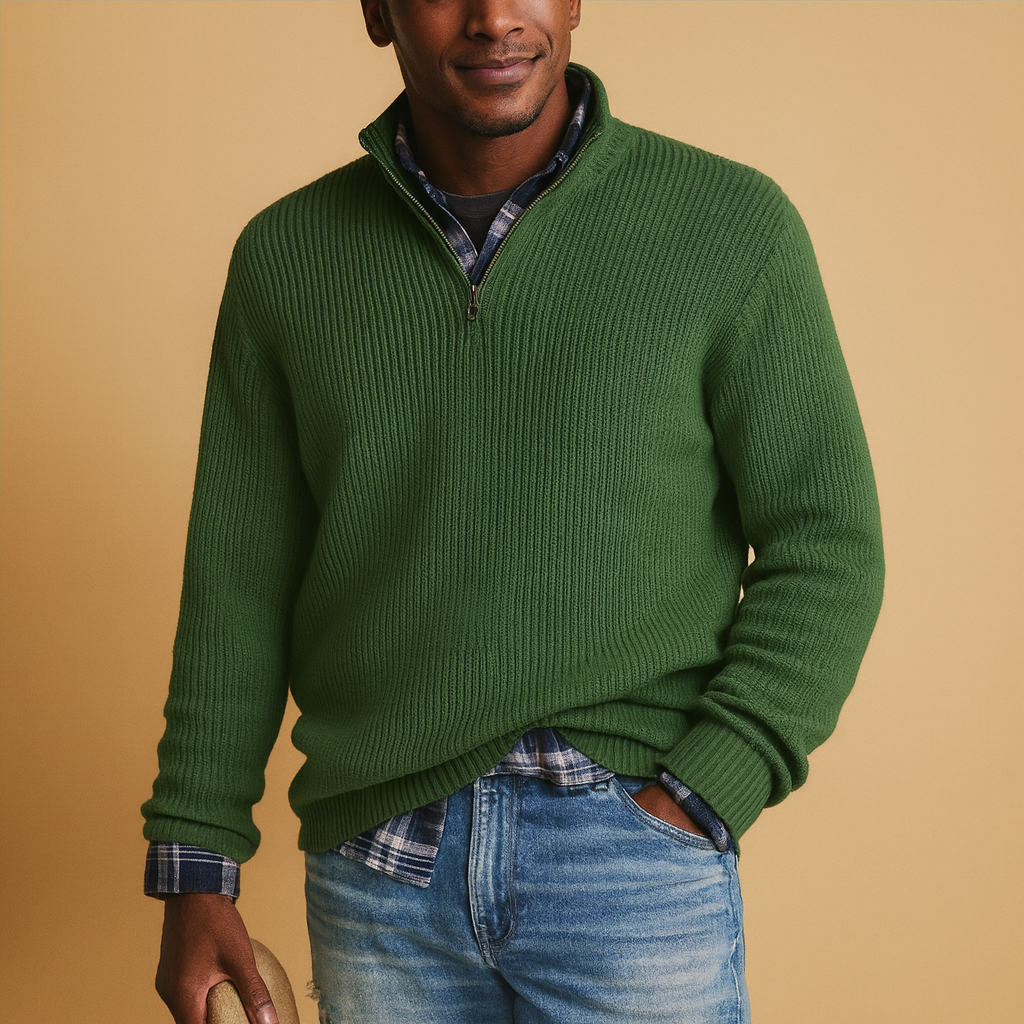 Wool winter sweater for men in navy blue, warm and timeless design ideal for casual or formal wear during the cold season.