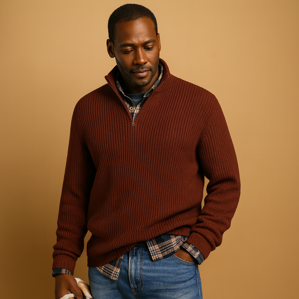 Wool winter sweater for men in navy blue, warm and timeless design ideal for casual or formal wear during the cold season.