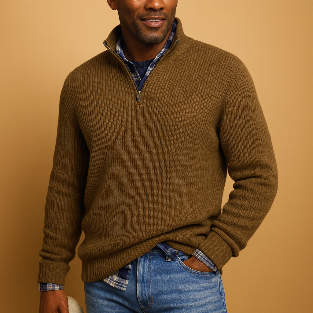 Wool winter sweater for men in navy blue, warm and timeless design ideal for casual or formal wear during the cold season.