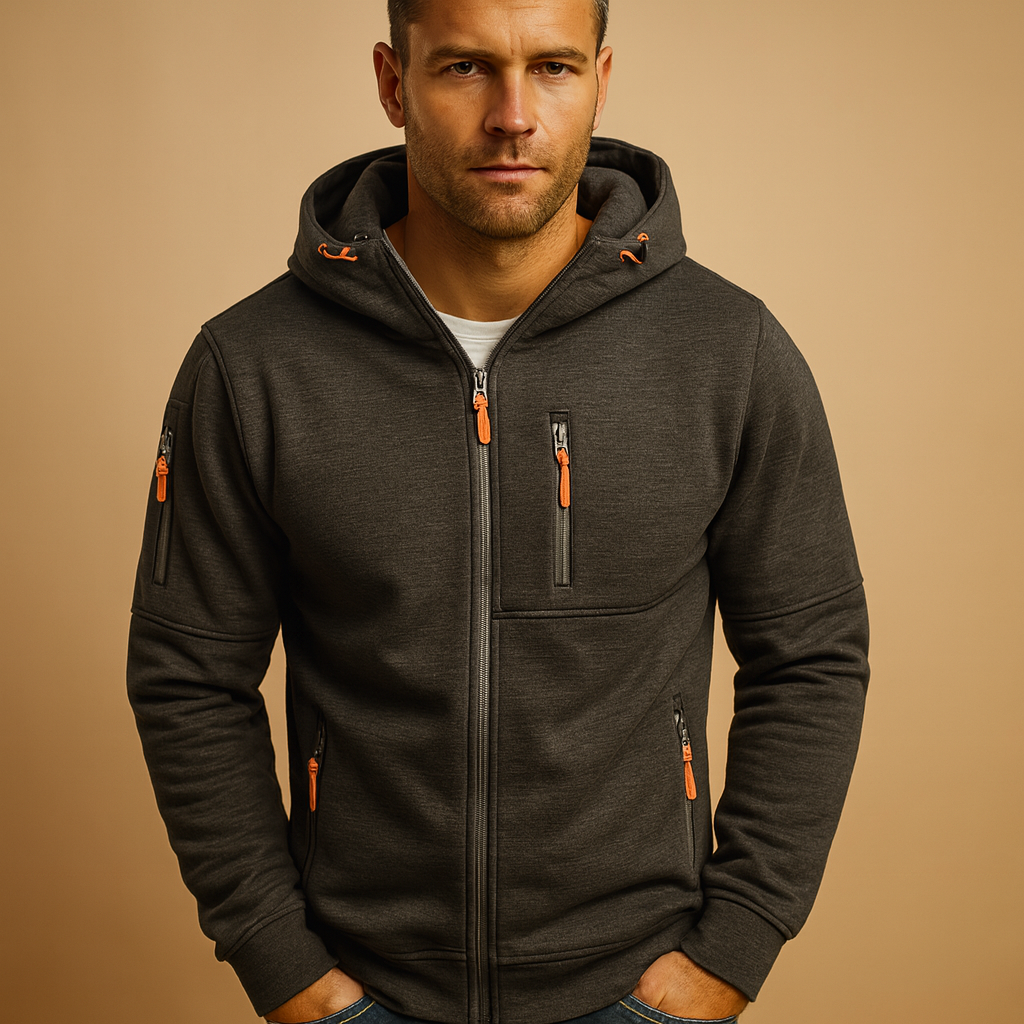 Men’s zipped hoodie with adjustable hood, available in black, blue, grey, green, and white, perfect for casual and sporty wear.