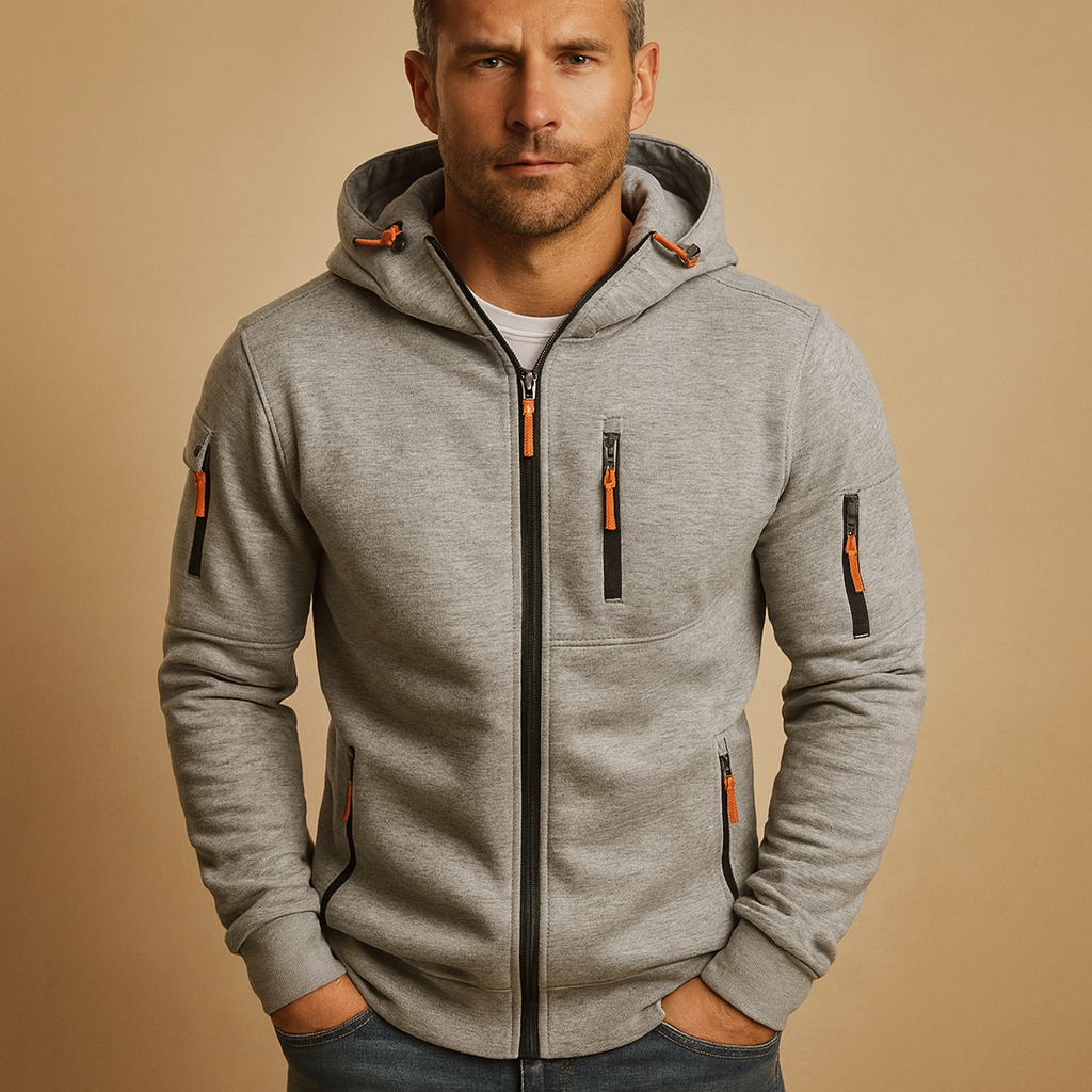 Men’s zipped hoodie with adjustable hood, available in black, blue, grey, green, and white, perfect for casual and sporty wear.