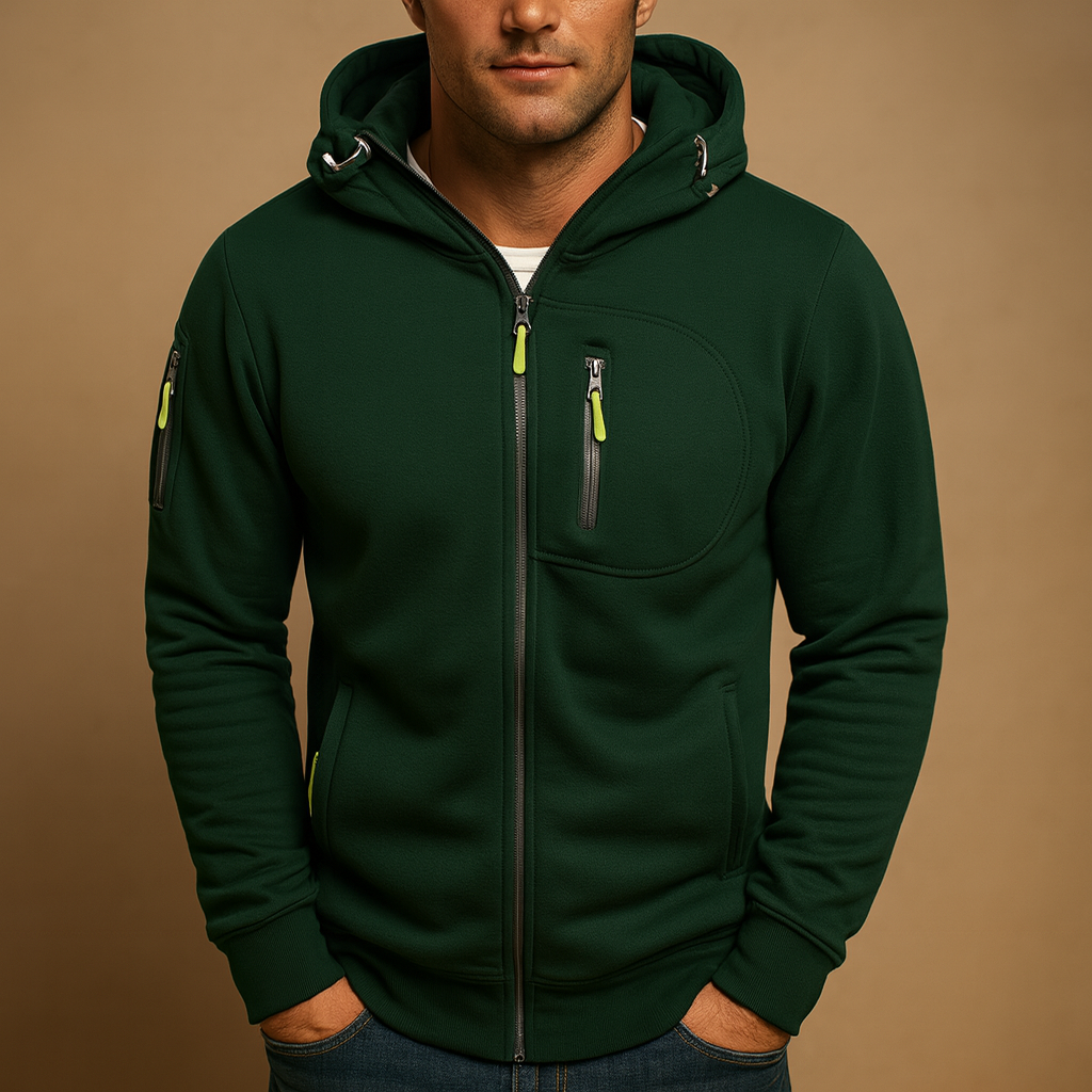 Men’s zipped hoodie with adjustable hood, available in black, blue, grey, green, and white, perfect for casual and sporty wear.