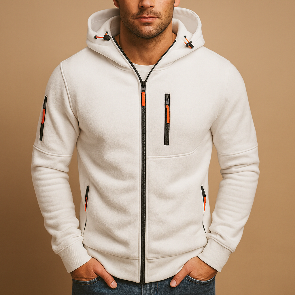Men’s zipped hoodie with adjustable hood, available in black, blue, grey, green, and white, perfect for casual and sporty wear.