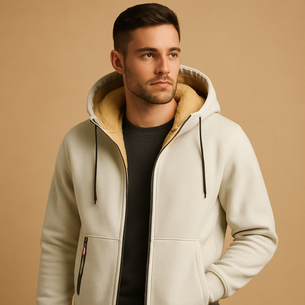 Zipped hoodie for men with adjustable hood and loose fit, available in black, grey, and navy blue, ideal for casual and outdoor wear.