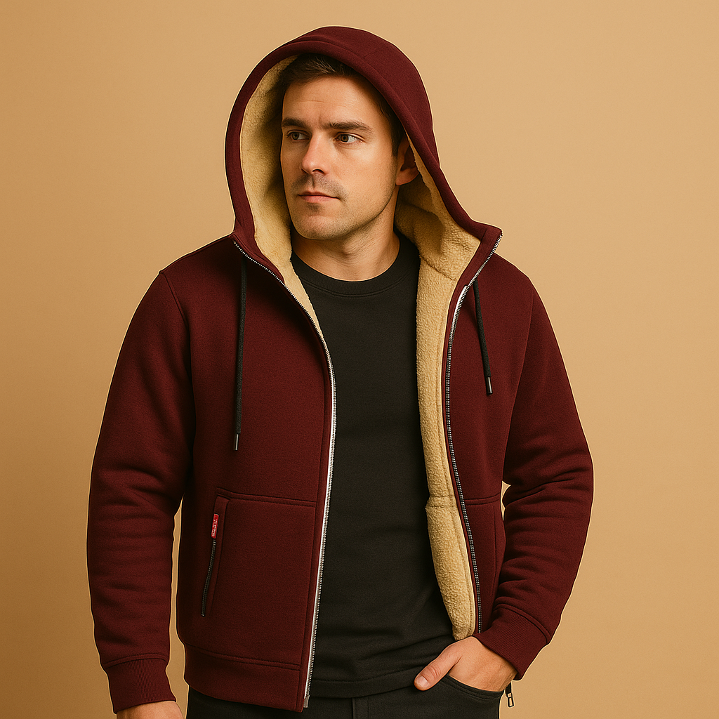 Zipped hoodie for men with adjustable hood and loose fit, available in black, grey, and navy blue, ideal for casual and outdoor wear.